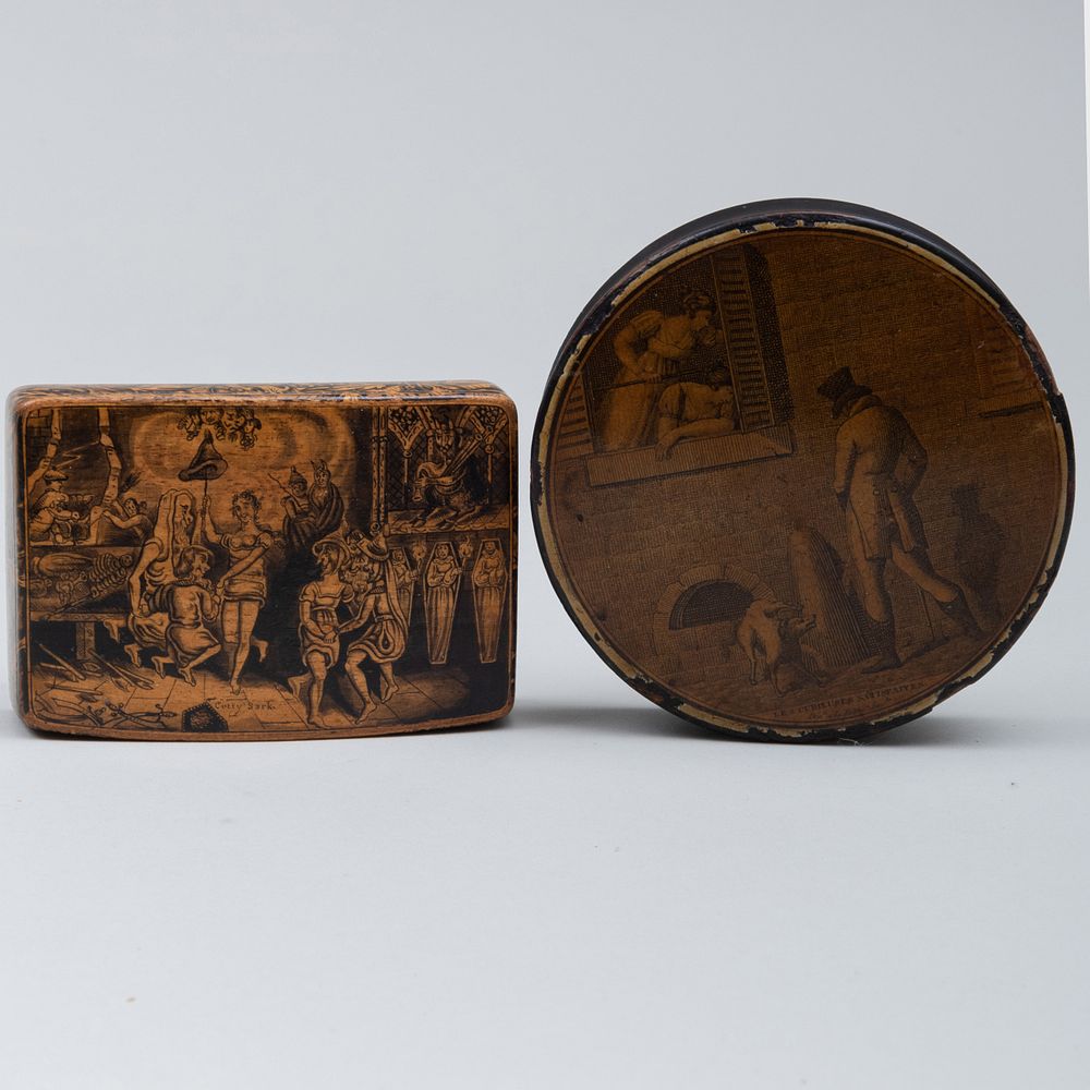 Appraisal: French Papier Mache Circular Erotic Snuff Box and a Humerous