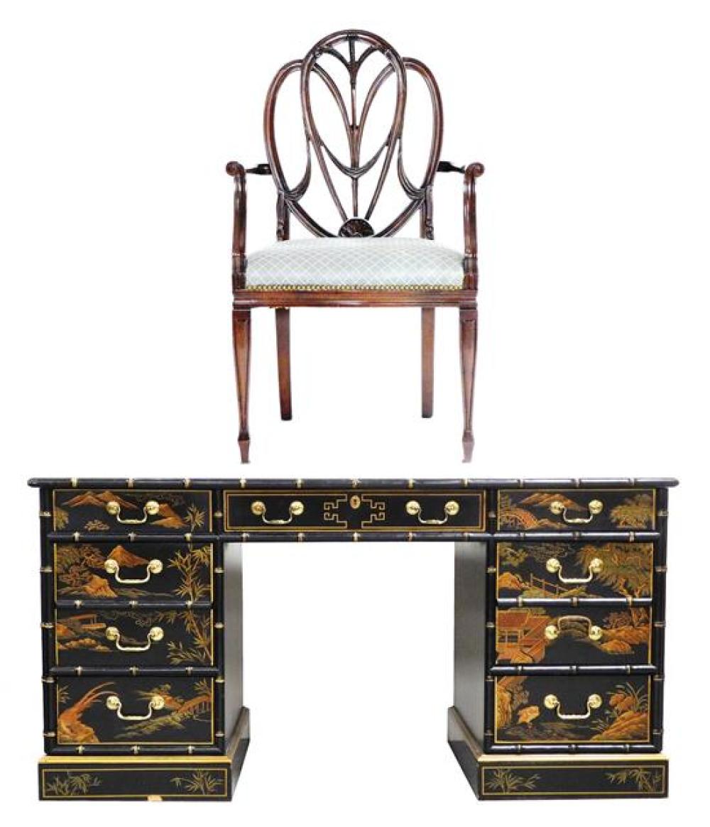 Appraisal: Drexel Chinoiserie decorated flat top knee hole desk with leather