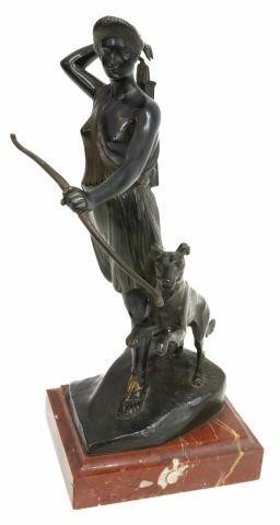 Appraisal: Neoclassical patinated bronze sculpture The Goddess Diana and her Hound