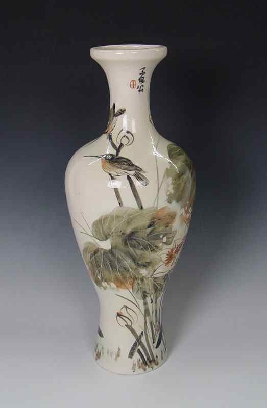 Appraisal: DECORATIVE CHINESE HAND PAINTED STONEWARE VASE '' tall '' dia