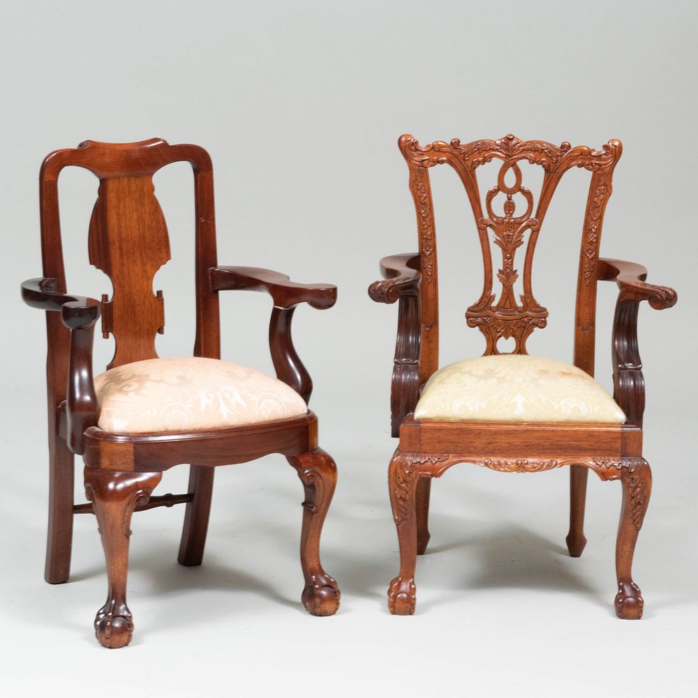 Appraisal: Two English Carved Mahogany Child's Armchairs of Recent Manufacture Both