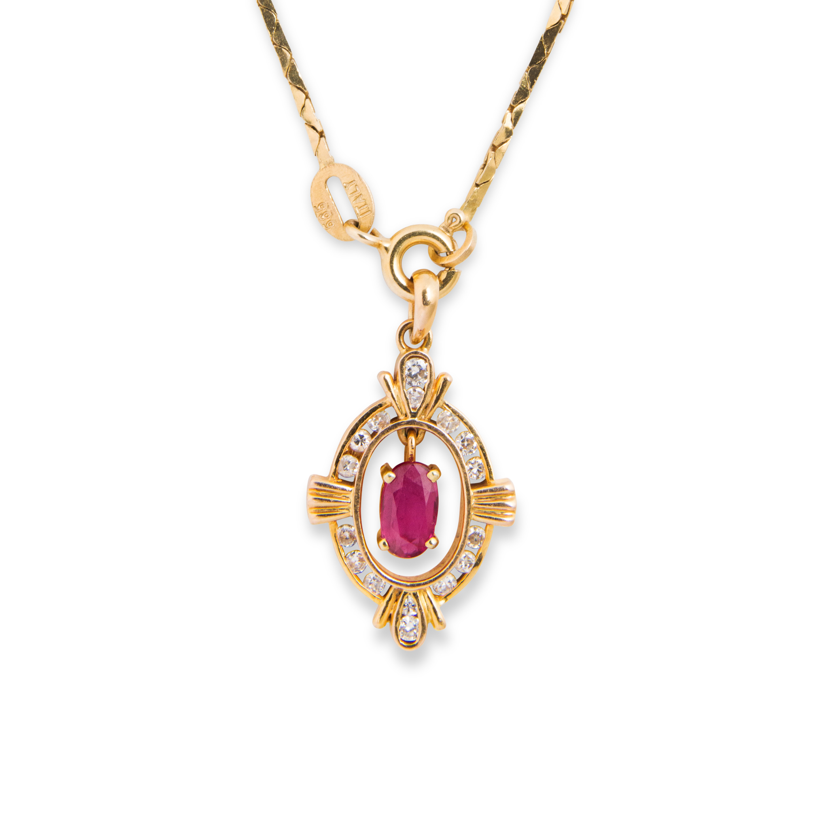 Appraisal: A RUBY DIAMOND AND FOURTEEN KARAT GOLD PENDANT NECKLACE A