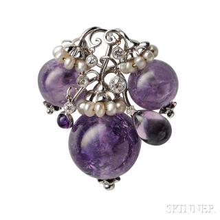 Appraisal: kt Gold Amethyst Freshwater Pearl and Diamond Brooch Seaman Schepps