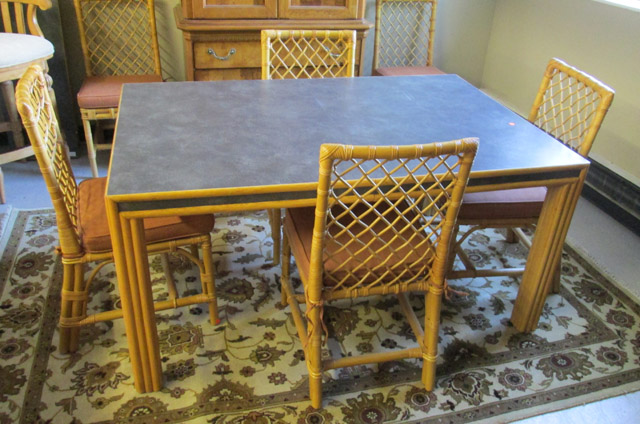 Appraisal: RATTAN CANE AND WICKER DINING TABLE AND CHAIR SET Bielecky