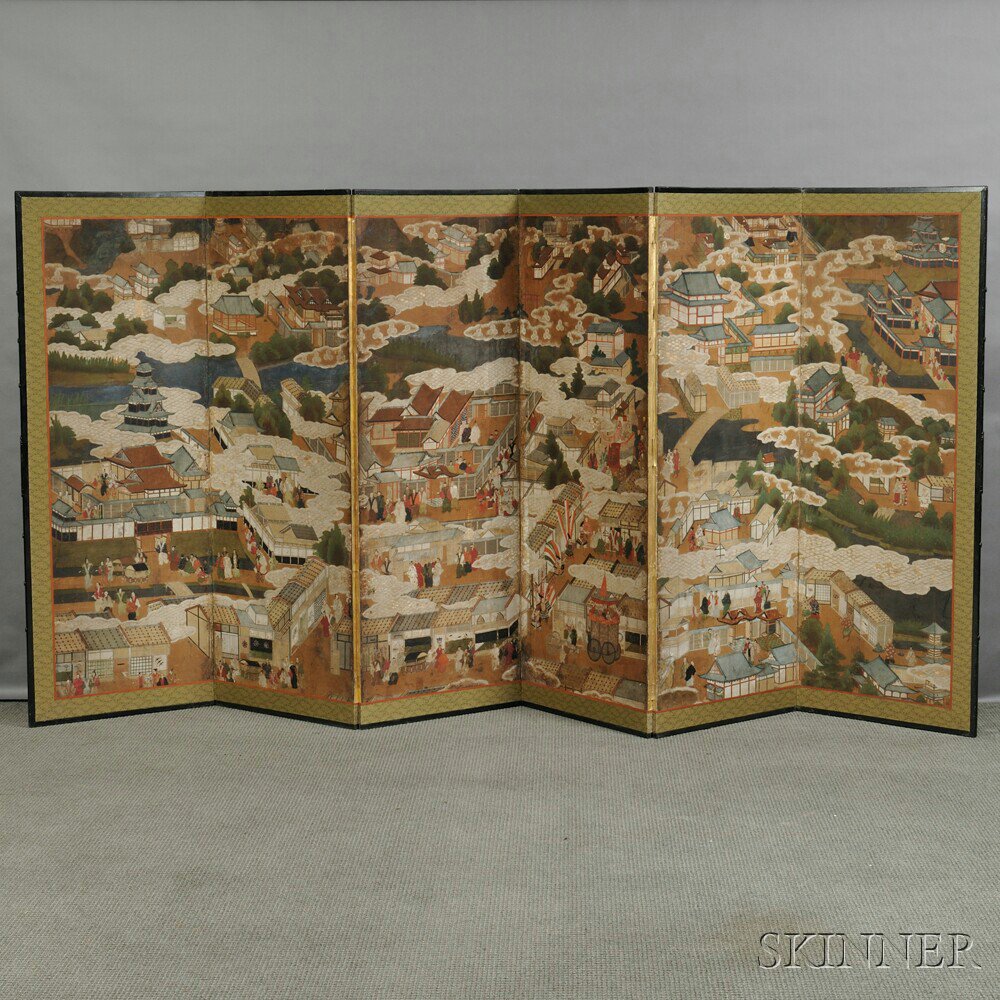 Appraisal: Six-panel Folding Screen Japan depicting figures engaging in various pursuits