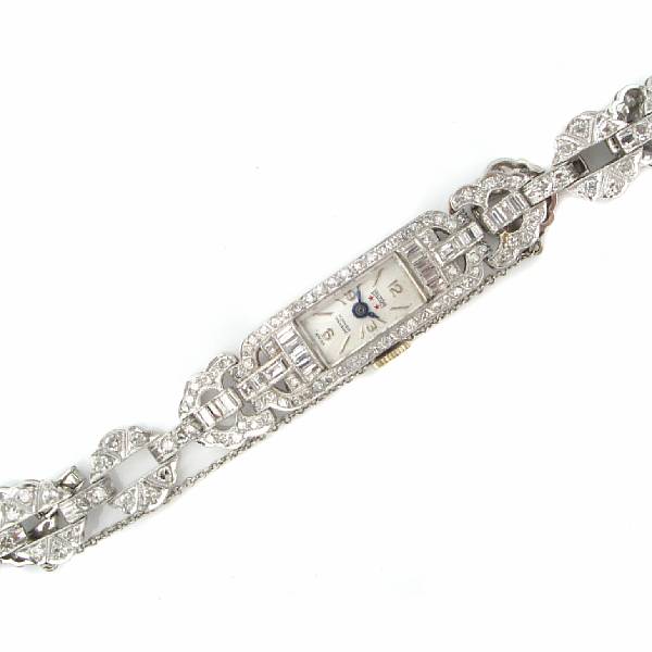 Appraisal: A lady's diamond and platinum bracelet wristwatch Swiss case and