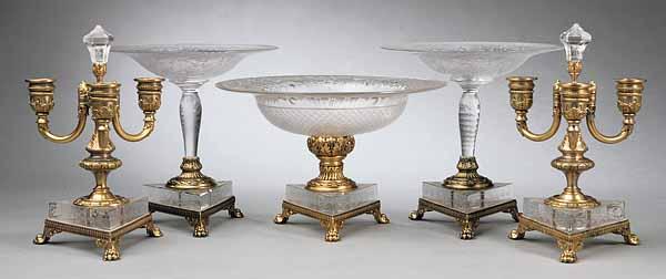 Appraisal: An Empire-Style Cut Glass and Gilt Brass Garniture Suite comprising