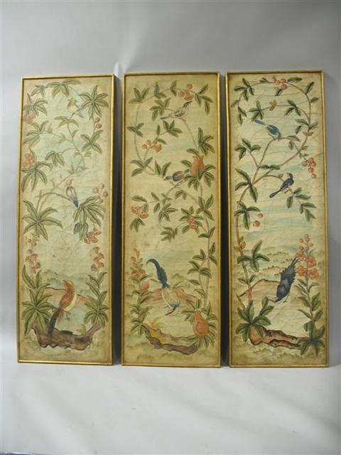 Appraisal: THREE CHINOISERIE STYLE PAINTED PANELS Each painted with birds amidst