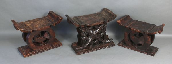 Appraisal: Set of three carved wooden stools largest h x w