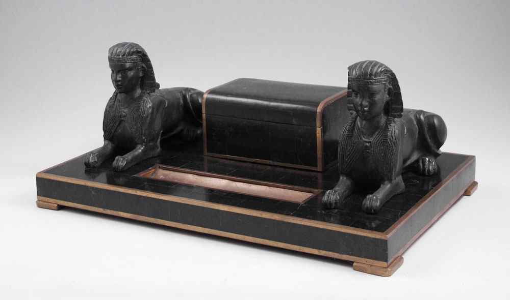 Appraisal: EGYPTIAN REVIVAL MARBLE SPHINX INKSTAND Pair of carved stone sphinx