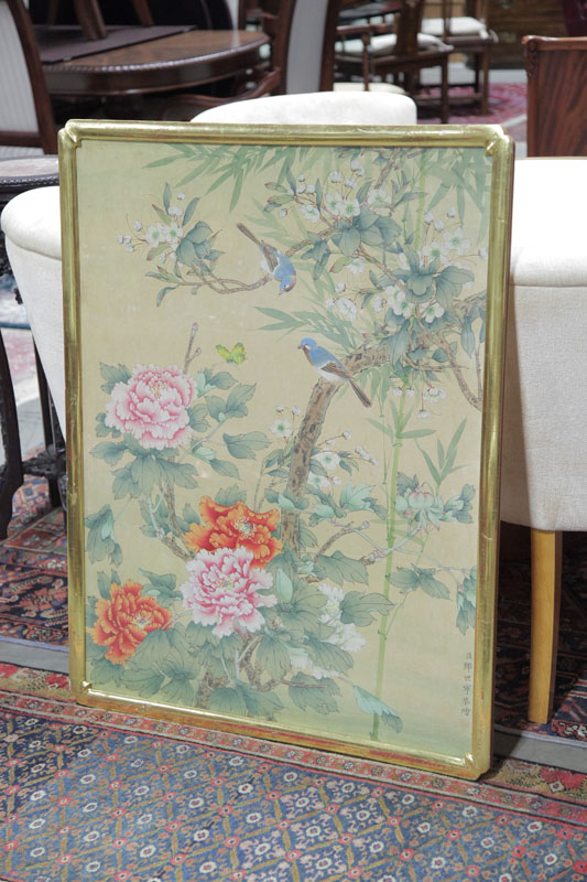 Appraisal: FRAMED PAINTING ON SILK Depicting two bluebirds amidst flowering branches