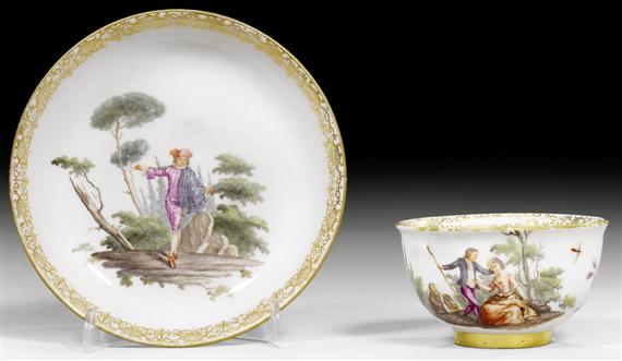 Appraisal: CUP AND SAUCER MEISSEN CIRCA Painted with elegant figures in