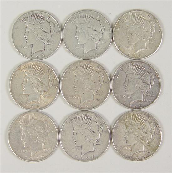 Appraisal: Nine Circulated Peace Dollars Dates include -D Ding -D and