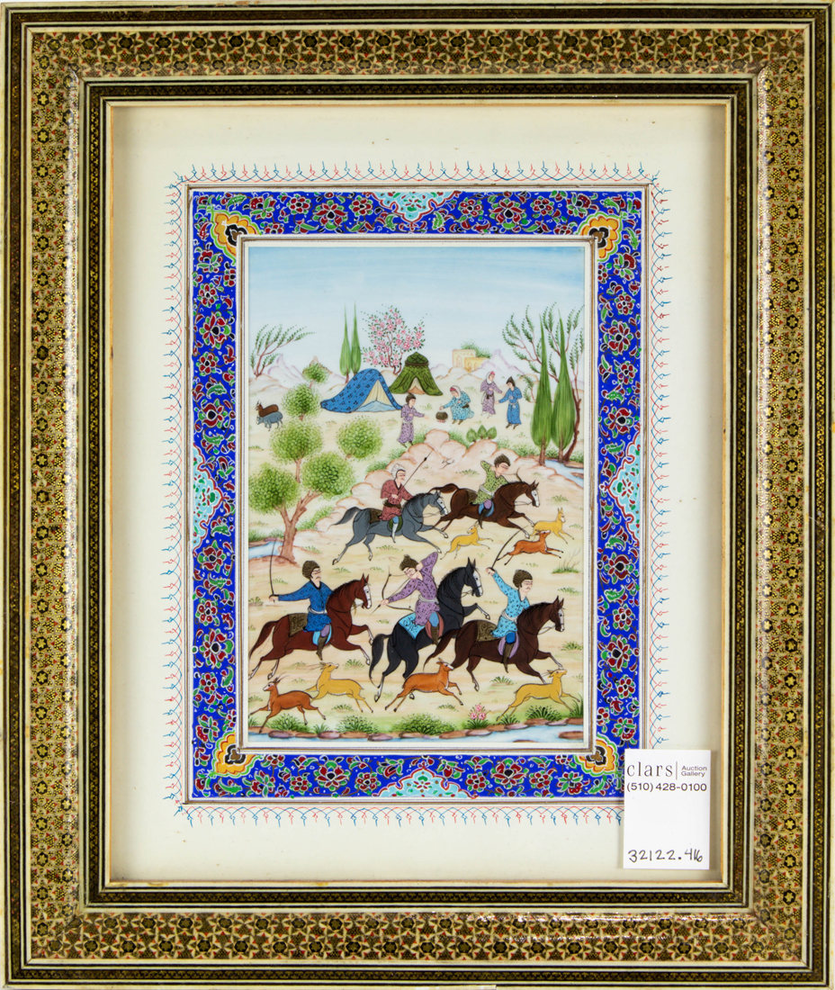 Appraisal: PERSIAN INLAID MOSAIC FRAME WITH HUNT SCENE IN PAINTED MATT