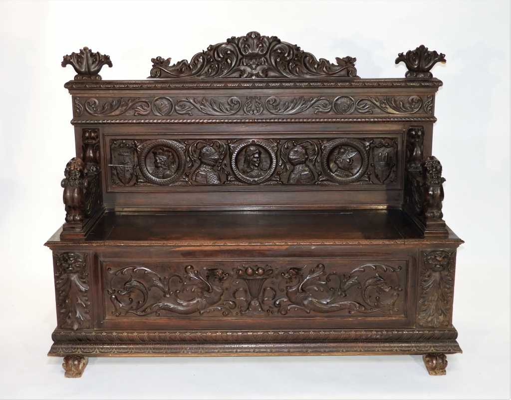 Appraisal: EUROPEAN GOTHIC REVIVAL CARVED FIGURAL HALL BENCH Europe th CenturyOrnately