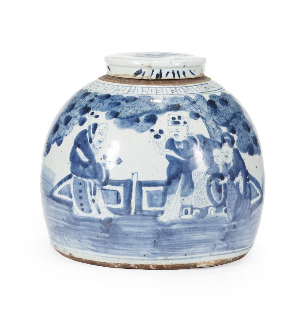 Appraisal: Chinese Blue and White Porcelain Covered Jar decorated with figures