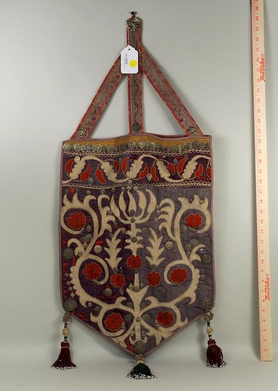 Appraisal: Bokhara Embroidered Bag Applied Metal Ornaments Bokhara embroidered bag with