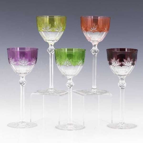 Appraisal: FIVE BOHEMIAN MULTICOLOR CRYSTAL WINE GLASSES Tapered bowl faceted baluster