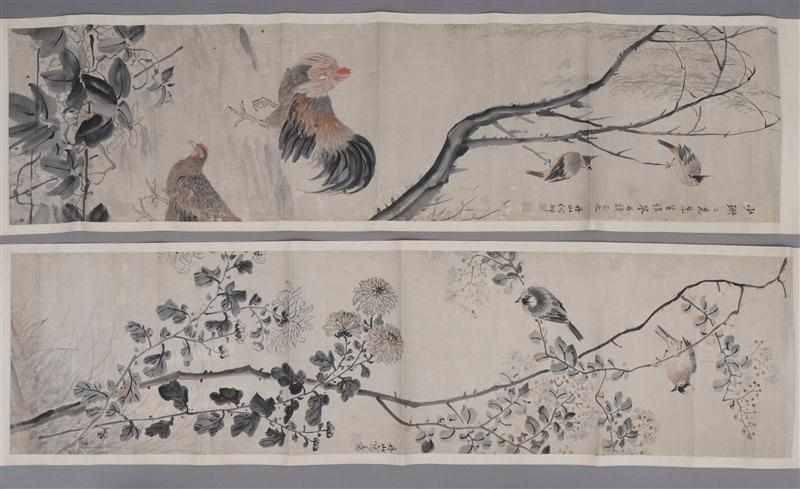 Appraisal: TWO CHINESE SCROLL PAINTINGS OF BIRDS AND INSECTS AMIDST FLOWERING