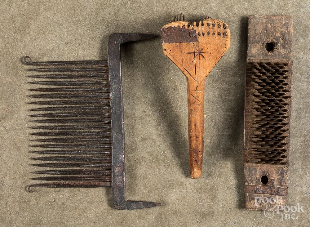 Appraisal: Early iron rippling comb and flax hatchels Early iron rippling