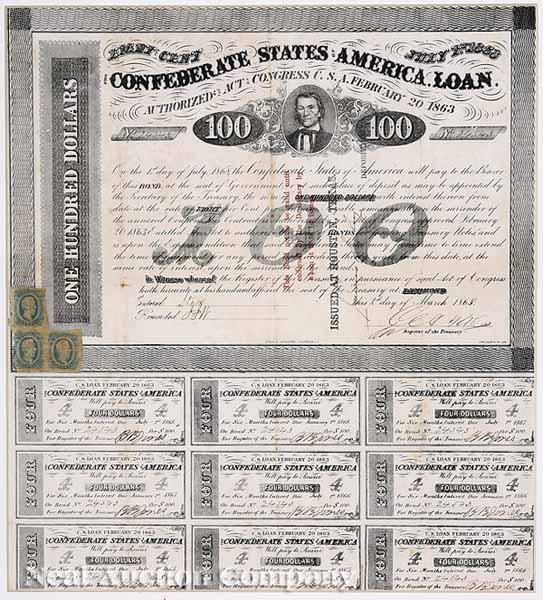 Appraisal: Confederate and Louisiana Bonds three framed bonds as follows a