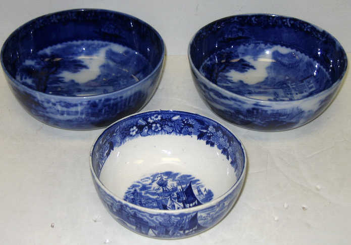 Appraisal: THREE ENGLISH BLUE TRANSFERWARE BOWLS Two stamped Royal Staffordshire Pottery