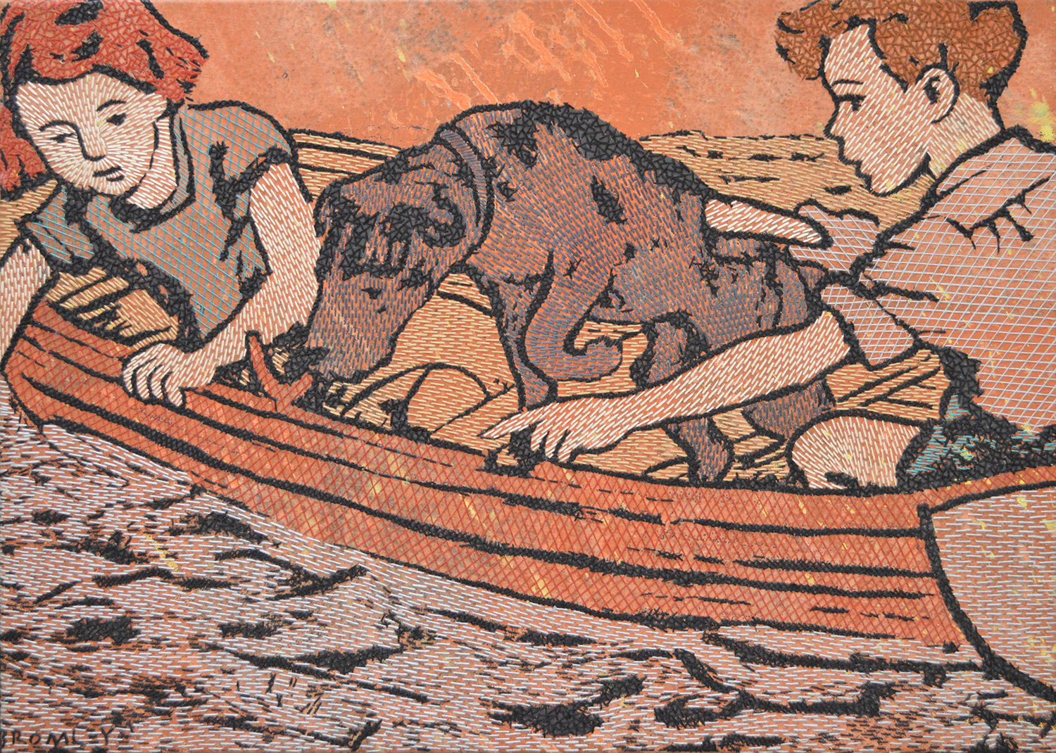 Appraisal: DAVID BROMLEY BORN Untitled Children with Dog in Boat acrylic