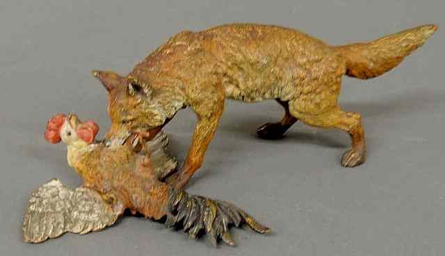 Appraisal: Cold painted bronze of a fox with a rooster h