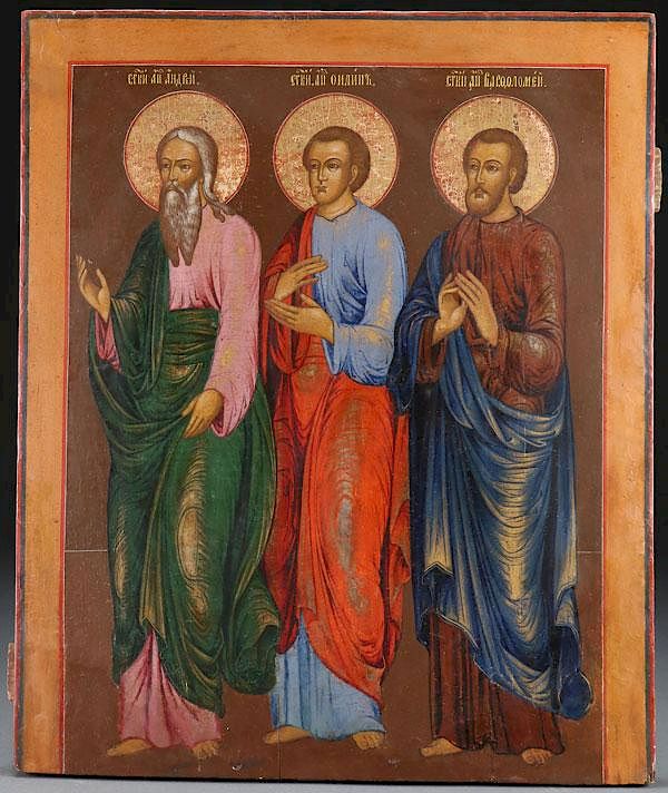 Appraisal: A LARGE RUSSIAN ICON WITH THREE APOSTLE SAINTS A LARGE