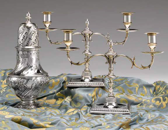 Appraisal: Small Pair of English Silverplate Two-Light Candelabra second quarter th