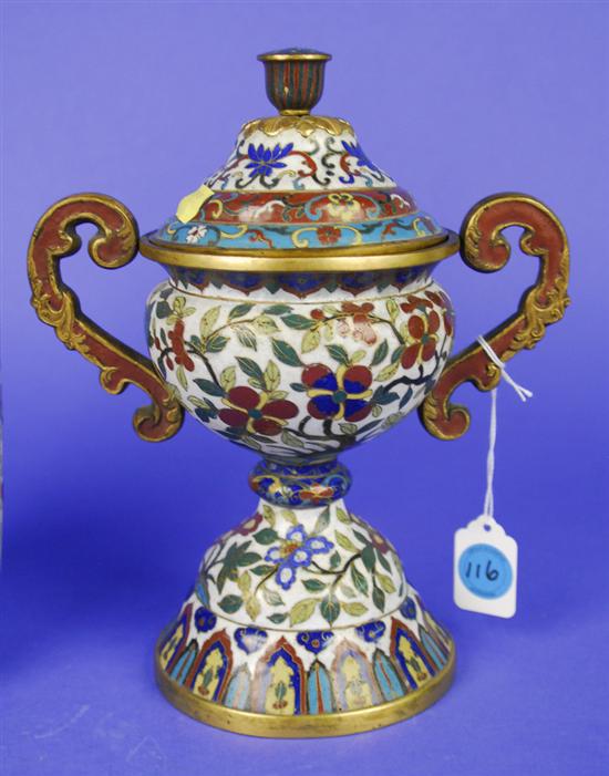 Appraisal: CHINESE CLOISONNE COVERED TWO HANDLED VESSEL height inches Condition good