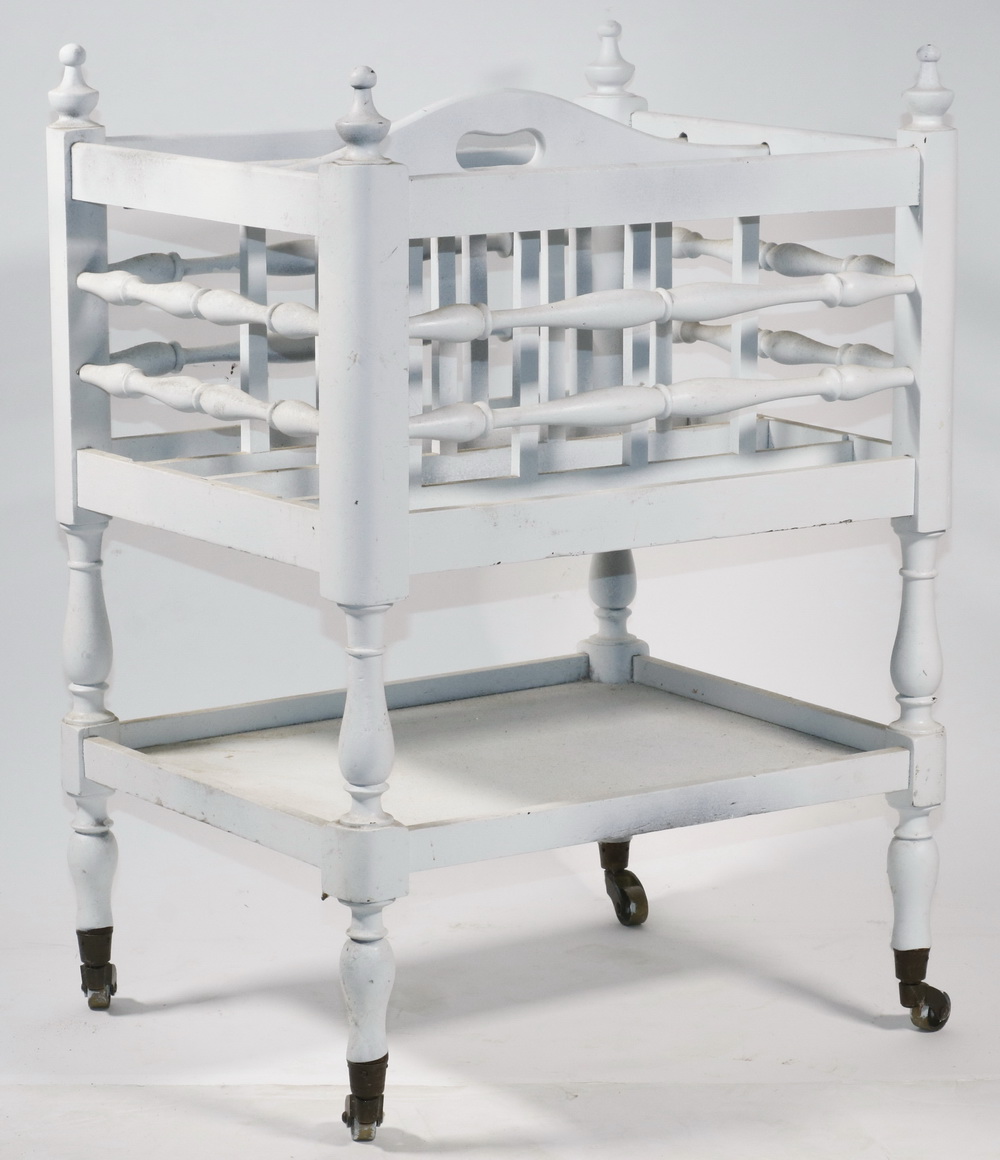 Appraisal: WHITE PAINTED CANTERBURY Four Compartment Magazine Rack in white paint