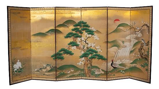 Appraisal: A Six-Panel Japanese Screen Height x width inches A Six-Panel