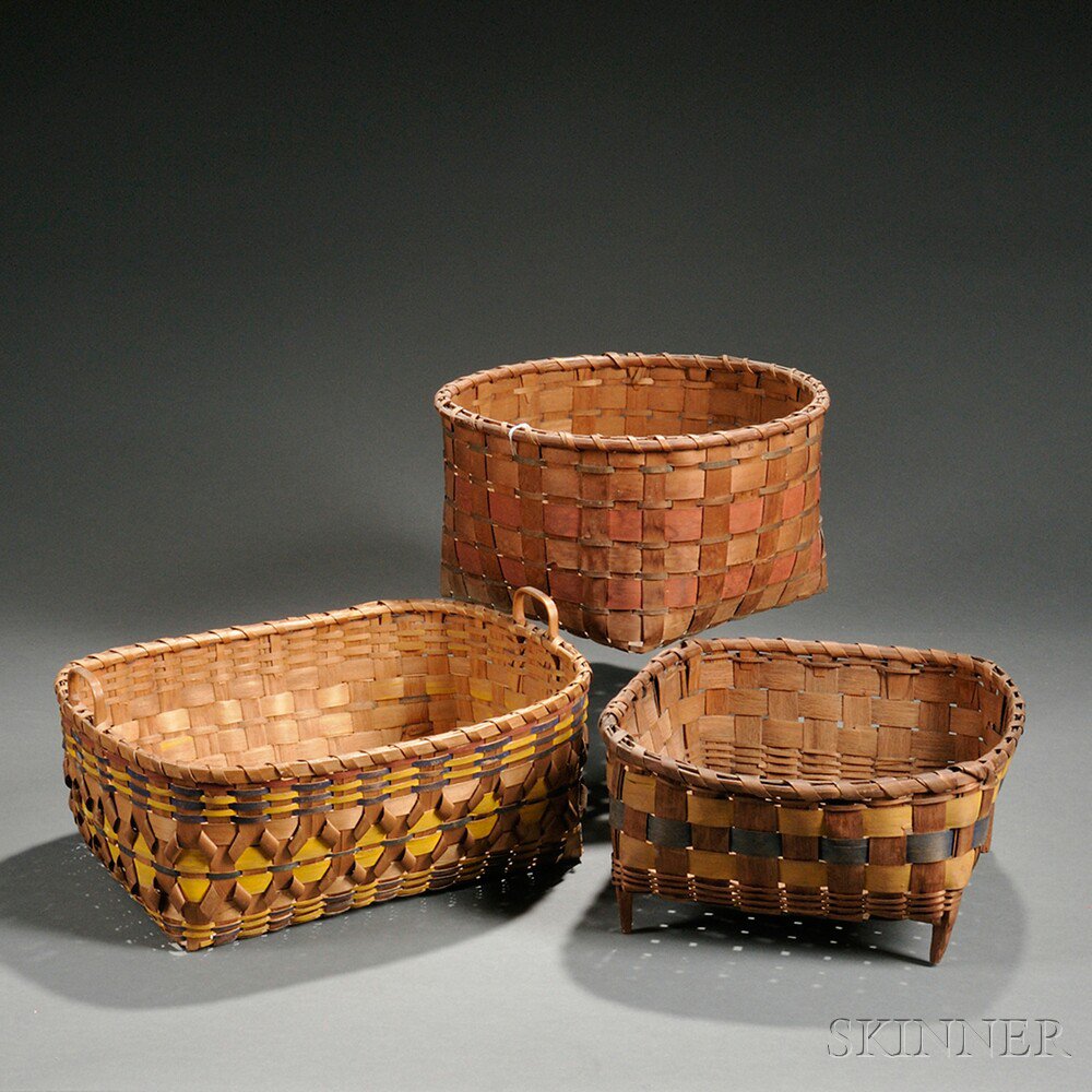 Appraisal: Three Painted Splint Baskets New England th century rectangular basket