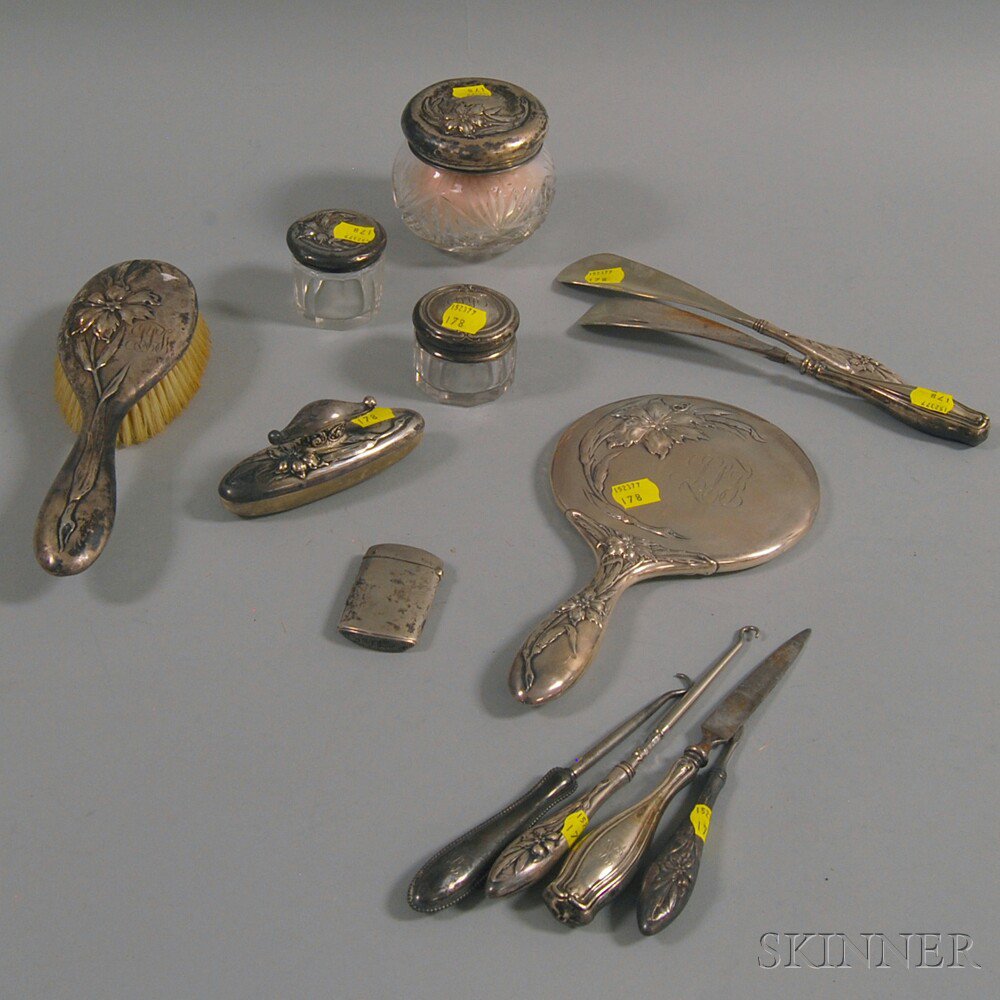 Appraisal: Thirteen-piece Assembled Sterling Silver-mounted Dresser Set including eight Unger Bros