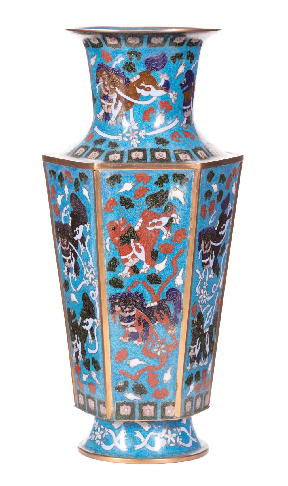 Appraisal: Chinese Cloisonne Enamel Hexagonal Vase faceted sides decorated with playful