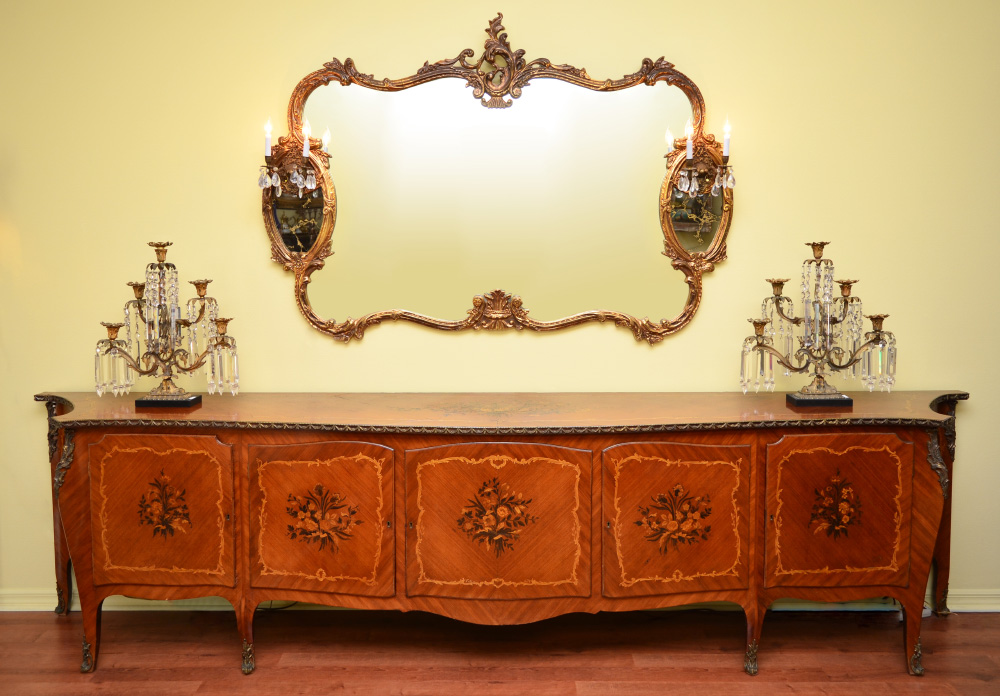 Appraisal: ' LONG FRENCH STYLE INLAID SIDEBOARD Inlaid shaped top with