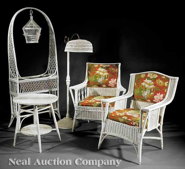 Appraisal: A Group of Vintage Wicker Furniture comprising two armchairs a