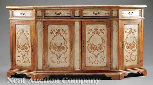 Appraisal: An Italian Neoclassical-Style Paint-Decorated Credenza canted top above a conforming