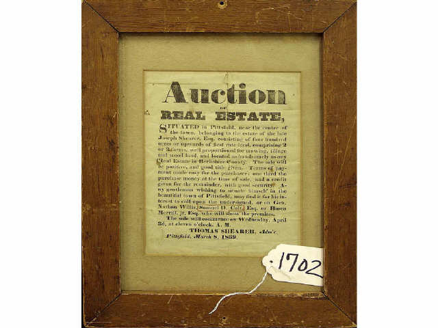 Appraisal: Framed auction advertiser for farm real estate in Pittsfield Conn