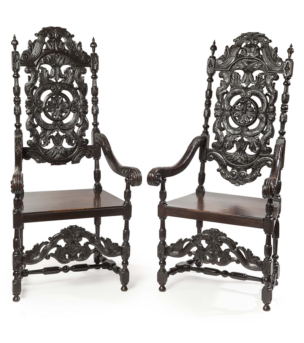 Appraisal: PAIR OF LARGE VICTORIAN STAINED OAK HALL ARMCHAIRS MID LATE