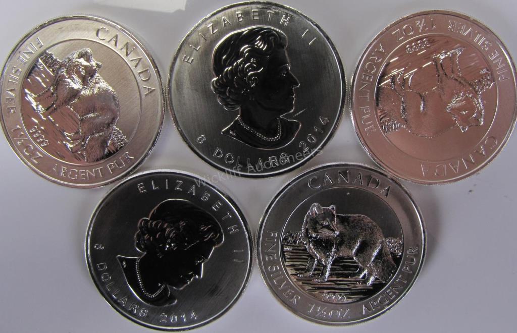 Appraisal: Five Canadian Royal Mint Arctic Fox Silver Coins each oz