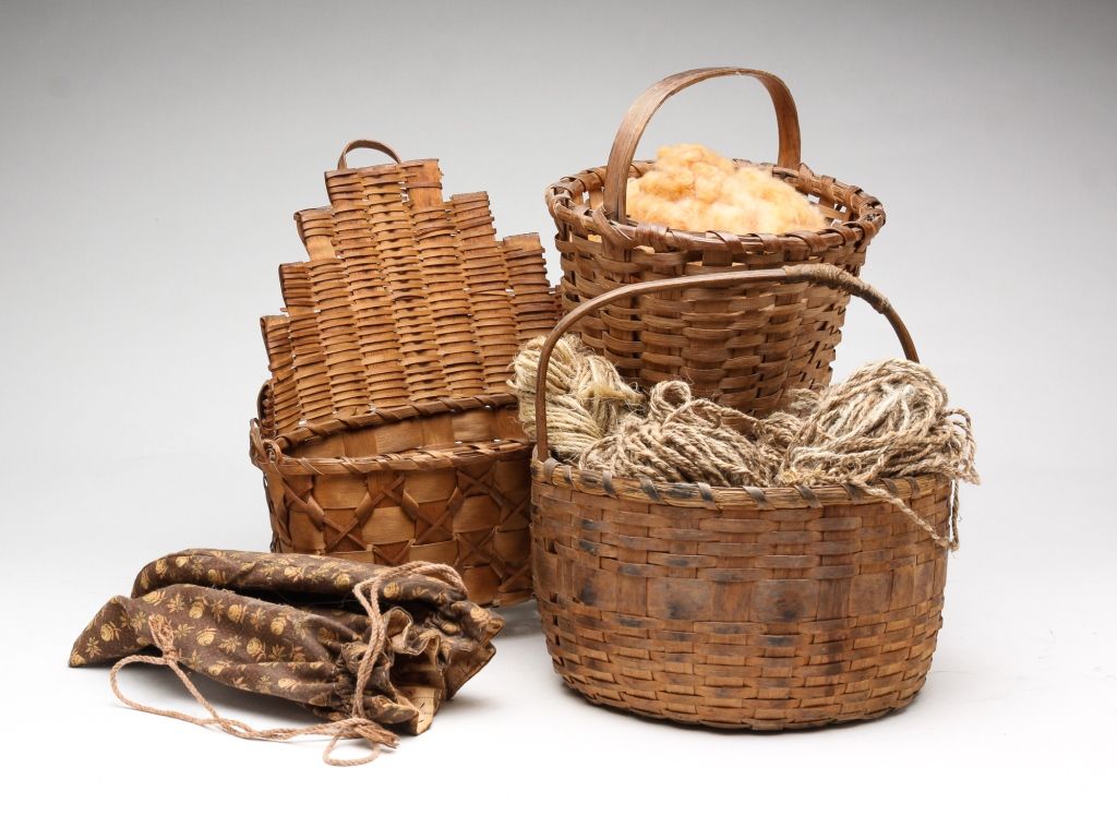 Appraisal: THREE AMERICAN BASKETS Early th century Wall pocket basket h