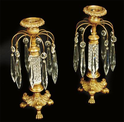 Appraisal: A pair of th century ormolu and cut glass candlesticks