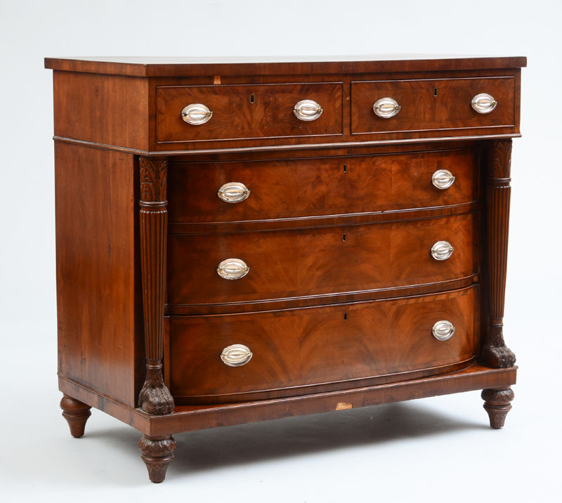 Appraisal: JOSEPH BARRY ATTRIBUTION CLASSICAL CARVED MAHOGANY AND FIGURED MAHOGANY BOW-FRONT