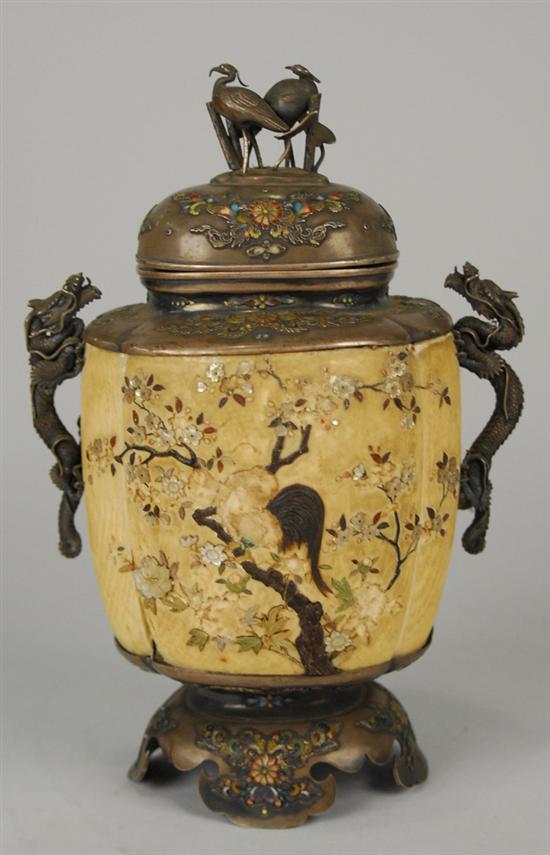 Appraisal: JAPANESE SHIBAYAMA DECORATED SILVER AND IVORY VASE the enamel silver