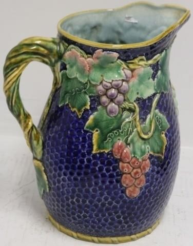 Appraisal: LARGE LATE TH CENTURY MAJOLICA PITCHER WITHGRAPE AND LEAF DESIGN