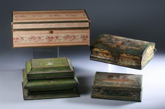 Appraisal: FOUR CONTINENTAL DOCUMENT BOXES Two Italian arte povera with decoupage