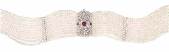 Appraisal: A Platinum Ruby Diamond and Cultured Pearl Multistrand Necklace consisting