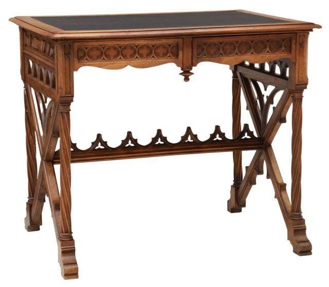 Appraisal: French Gothic Revival walnut writing table th c top with